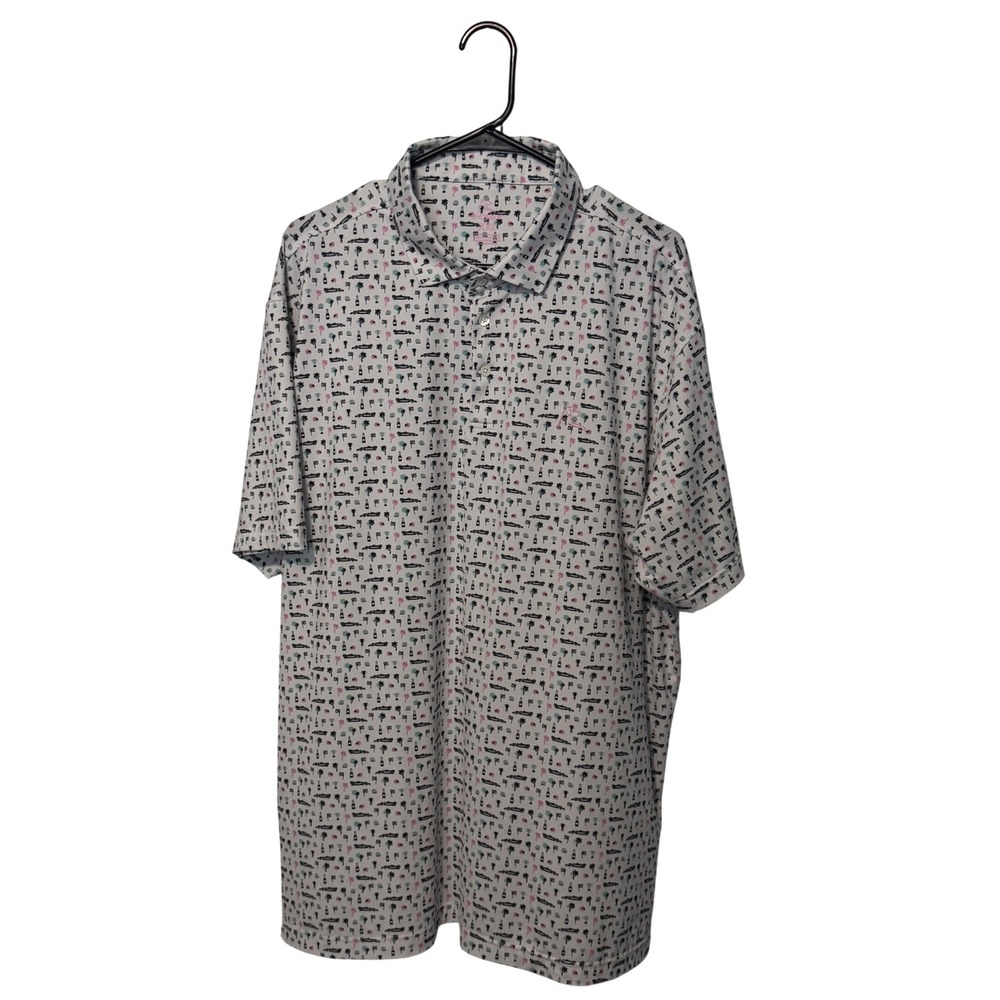Rhoback Polo Shirt Mens XXL White Race Car Palm Tree Performance Stretch Golf